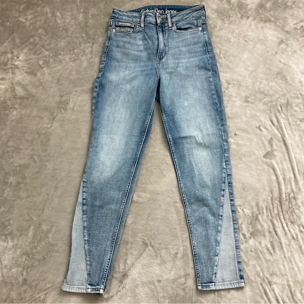 Calvin Klein High Rise Ankle Skinny Jeans Patchwork Hem Size 29 Two-Tone Blue